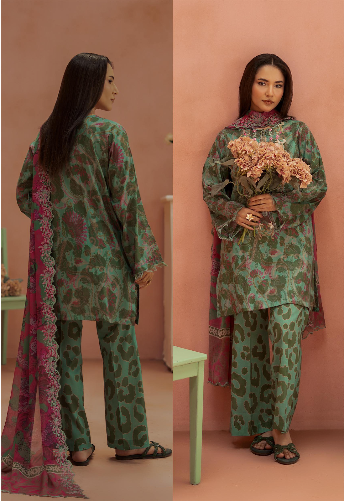 Pakistani Ziva by Gulljee Unstitched Three Piece - Sage Green X Magenta