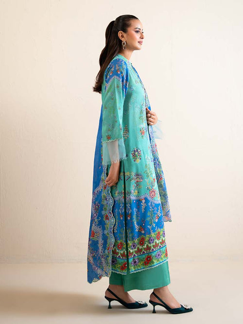 Pakistani Hania by Binaas Unstitched Three Piece-Teal Blue