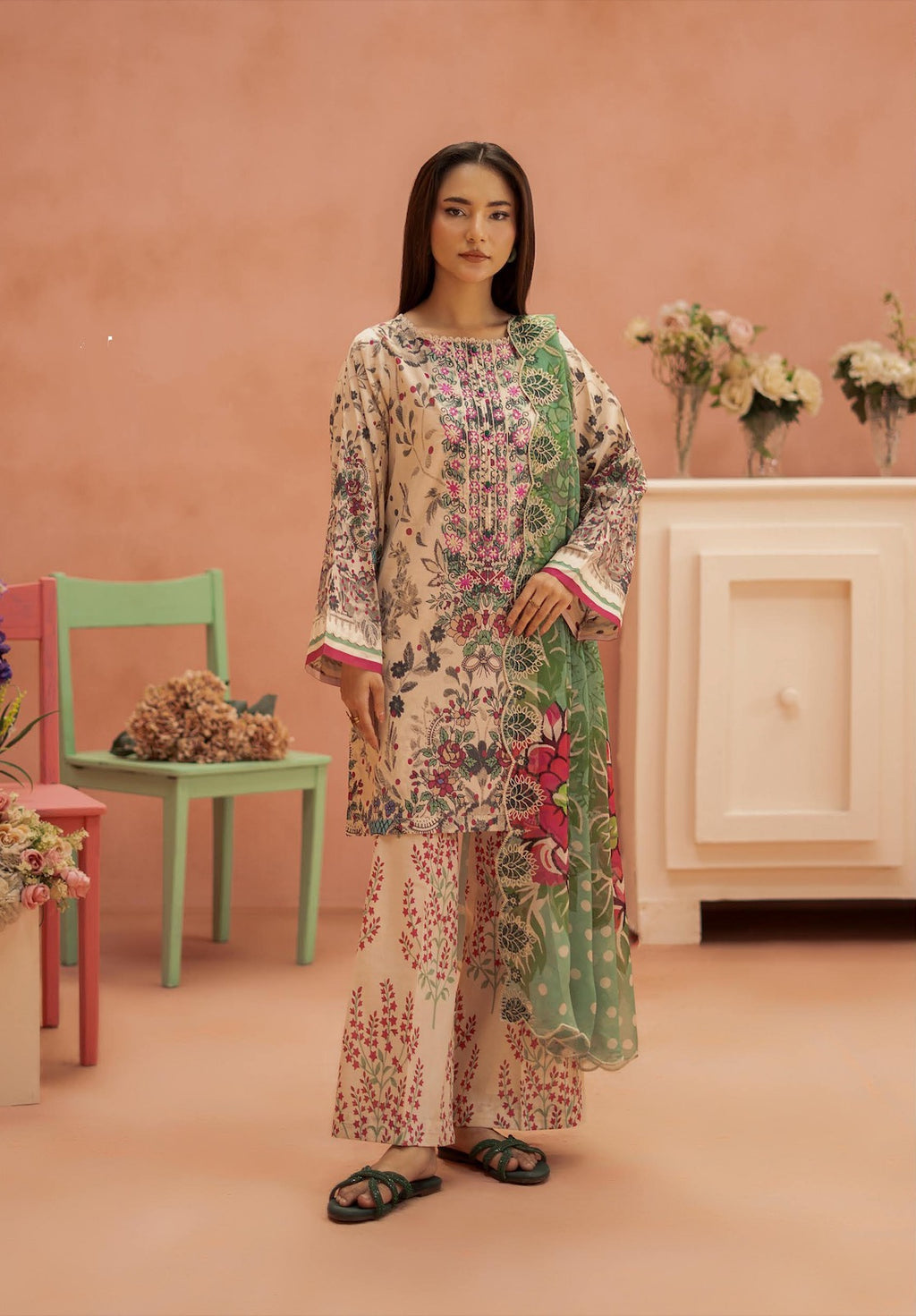 Pakistani Ziva by Gulljee Unstitched Three Piece - Cream & Green
